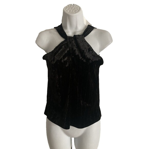 Express Velvet High Neck Tank Sz XS Black Metallic Stripe Keyhole Stretch NWOT - Picture 2 of 11